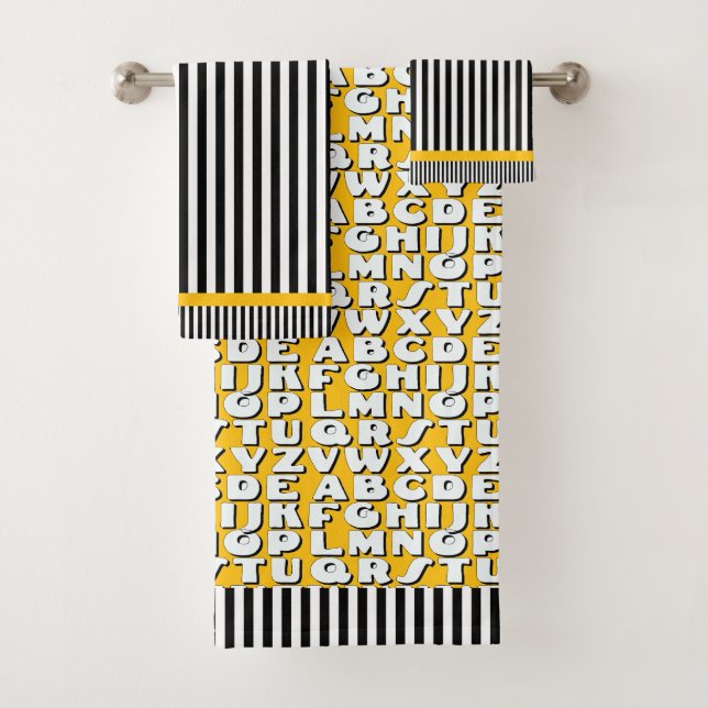  Kids Alphabet Black Stripes Yellow        Bath Towel Set (Insitu)