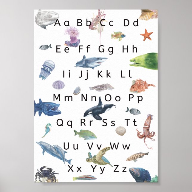Kids Alphabet Poster Illustration, Aqua Life. (Front)