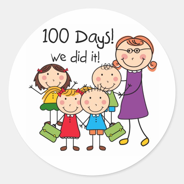 Kids and Female Teacher 100 Days Classic Round Sticker (Front)