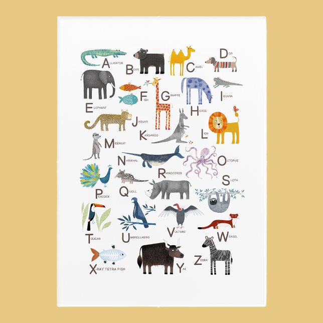 Kids Animal ABC Alphabet Acrylic Print (Fun kid’s animal ABC alphabet wall art with original illustrations by Nic Squirrell)