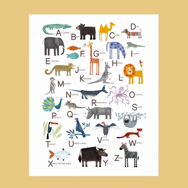 Kids Animal ABC Alphabet Metal Print (Cute animal ABC alphabet for newborn, boy or girl gender neutral nursery or kids room decor wall art)