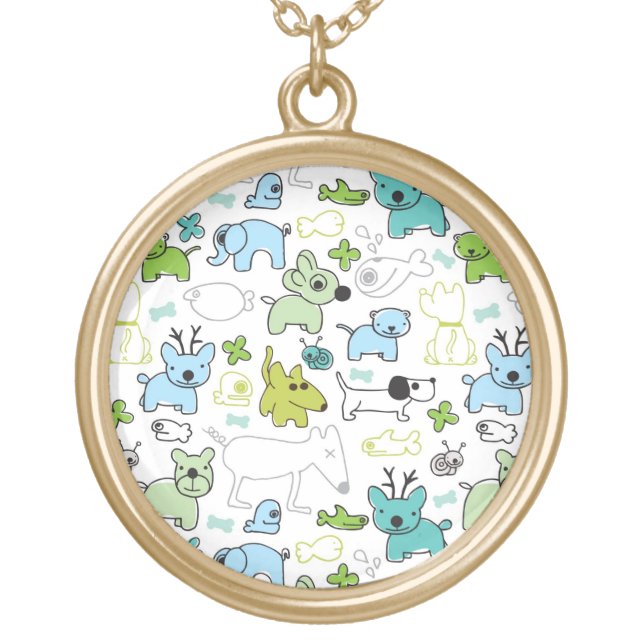 kids animal background pattern gold plated necklace (Front)