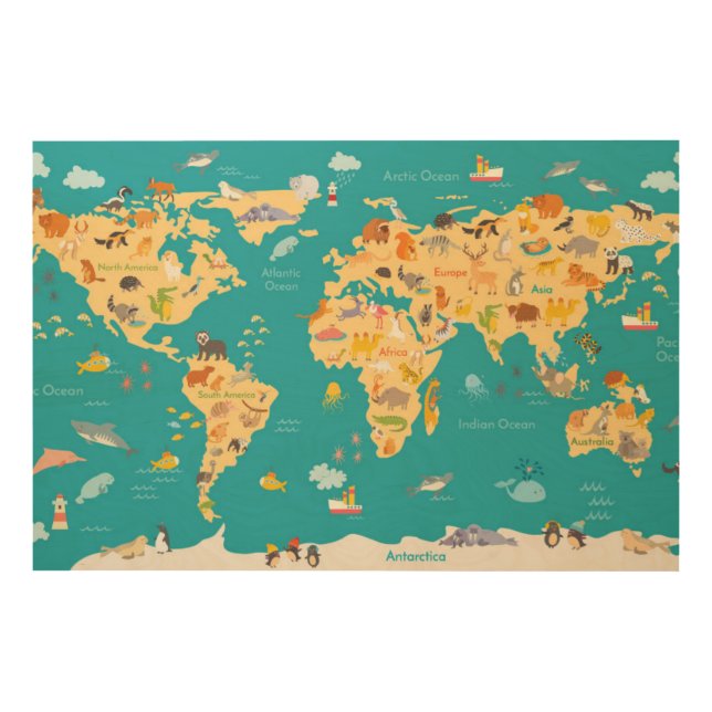 Kids Animal Map of the World Wood Wall Decor (Front)