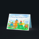 Kids Animal Parade Birthday Custom Name Card<br><div class="desc">A colorful custom name birthday card decorated with an animal parade carrying cake,  gifts and playing music.  Bunny rabbit pulls the cake in a wagon,  turtle carries the gifts,  bear and raccoon play music and mouse leads the pack!  Illustrated with watercolor.</div>