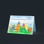 Kids Animal Parade Birthday Custom Name Card<br><div class="desc">A colorful custom name birthday card decorated with an animal parade carrying cake,  gifts and playing music.  Bunny rabbit pulls the cake in a wagon,  turtle carries the gifts,  bear and raccoon play music and mouse leads the pack!  Illustrated with watercolor.</div>