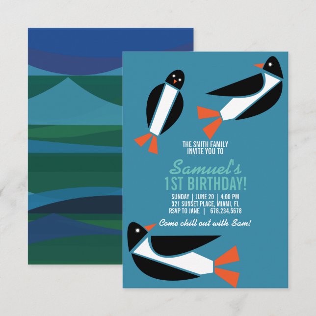 kids ANY AGE ocean PENGUIN BIRTHDAY party Invitation (Front/Back)
