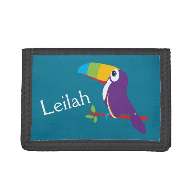 Kids aqua graphic colorful toucan bird name wallet (Front)