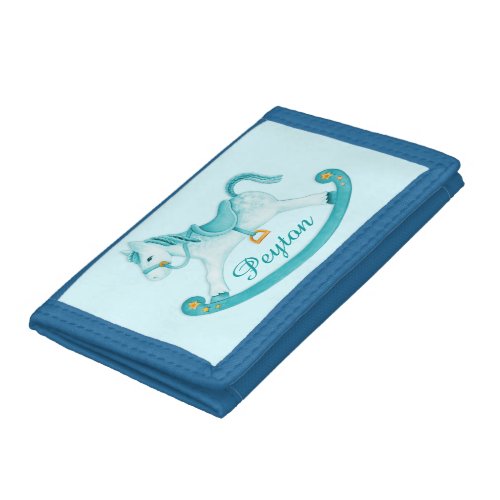 Kids aqua rocking horse add your name tri_fold wallet