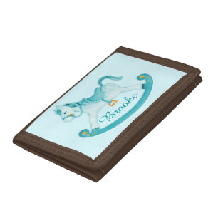 Kids aqua rocking horse add your name trifold wallet