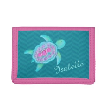 Kids Aqua Teal Pink Sea Turtle Add Your Name Tri-fold Wallet by Mylittleeden at Zazzle