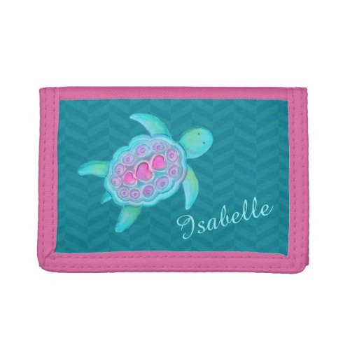 Kids aqua teal pink sea turtle add your name tri_fold wallet