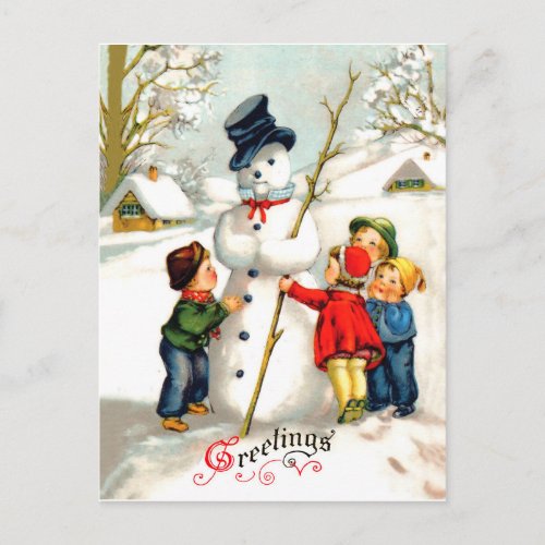 Kids are Making a Big Snowman Vintage Holiday Postcard