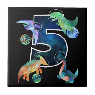 Kids Astronaut Outer Space Dinosaurs 5th Birthday Ceramic Tile