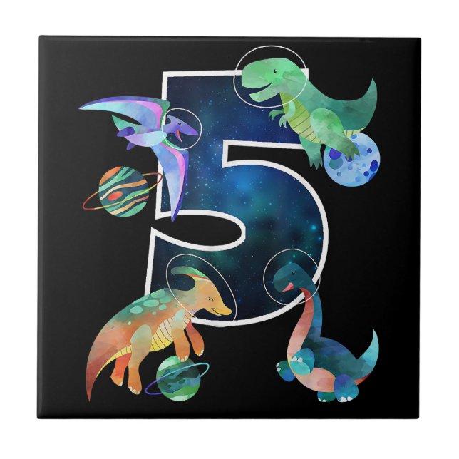 Kids Astronaut Outer Space Dinosaurs 5th Birthday  Ceramic Tile (Front)