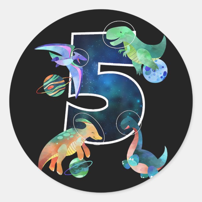 Kids Astronaut Outer Space Dinosaurs 5th Birthday  Classic Round Sticker (Front)