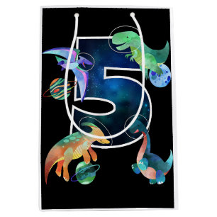 Kids Astronaut Outer Space Dinosaurs 5th Birthday Medium Gift Bag
