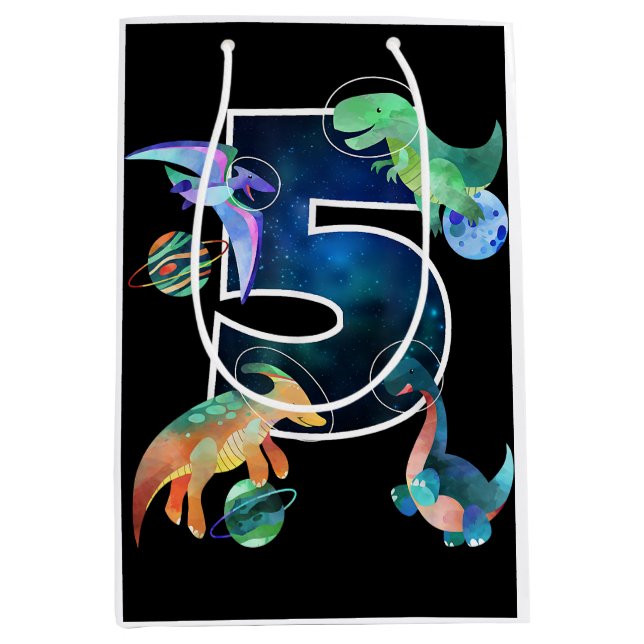 Kids Astronaut Outer Space Dinosaurs 5th Birthday  Medium Gift Bag (Front)