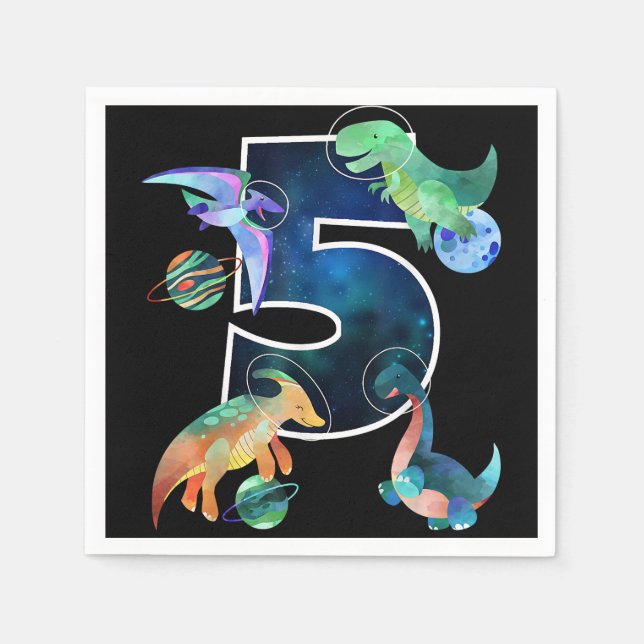 Kids Astronaut Outer Space Dinosaurs 5th Birthday  Napkins (Front)