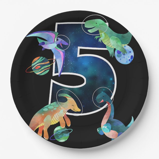 Kids Astronaut Outer Space Dinosaurs 5th Birthday  Paper Plates (Front)