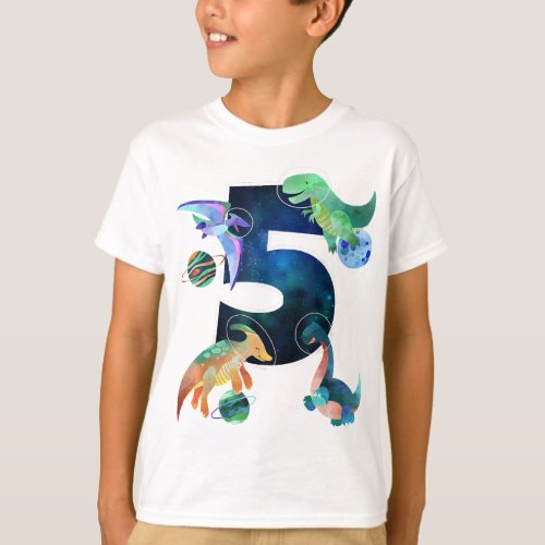 Kids Astronaut Outer Space Dinosaurs 5th Birthday  T_Shirt