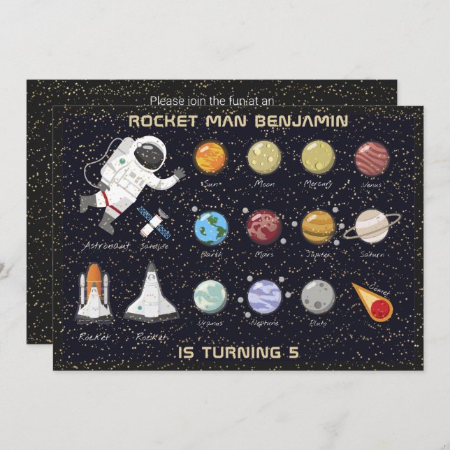 Kids Astronaut Solar System Monogram 5th Birthday Invitation (Front/Back)