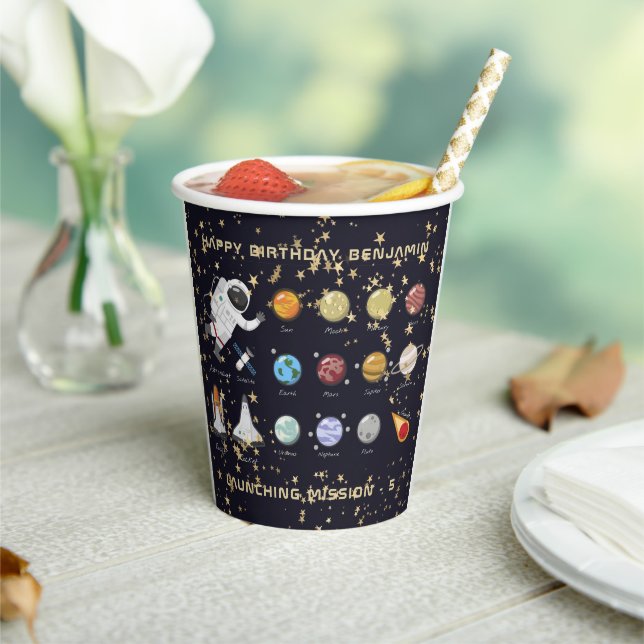 Kids Astronaut Solar System Monogram Glitter Star Paper Cups (Insitu)