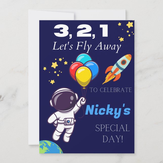 Kids Astronaut Space Themed Birthday Invitation (Front)
