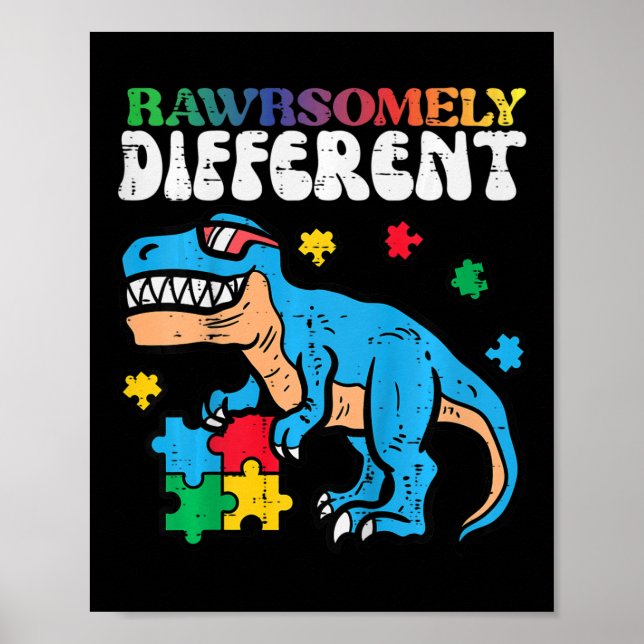Kids Autism Awareness Dino Rawrsomely Different Tr Poster (Front)