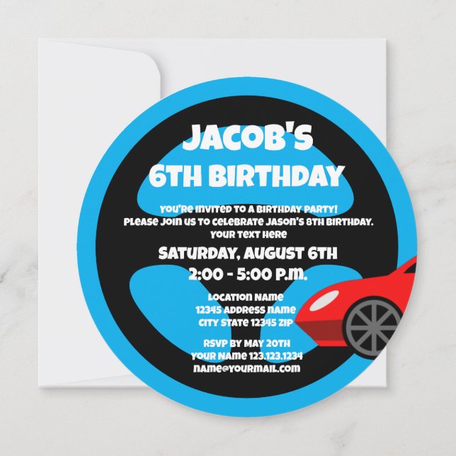 Kid's auto racing theme Birthday party invitations (Back)