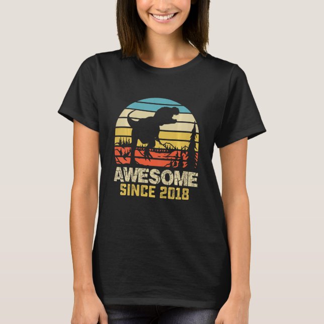 Kids Awesome Since 2018 Dinosaur 4 Year Old 4th Bi T-Shirt (Front)
