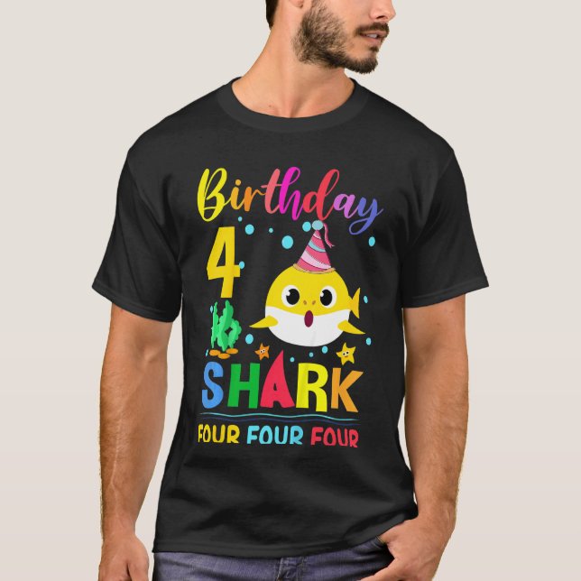 Kids Baby Cute Shark 4th Birthday Boy Girl 4 Year  T-Shirt (Front)