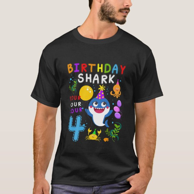 Kids Baby Cute Shark 4Th Birthday Boy Girl 4 Year T-Shirt (Front)