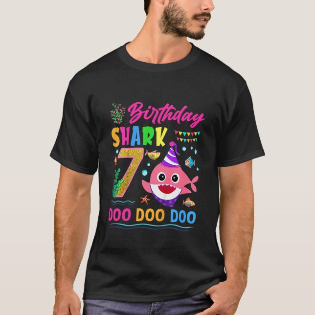 Kids Baby Cute Shark 7th Birthday Boy Girl 7 Year  T-Shirt (Front)
