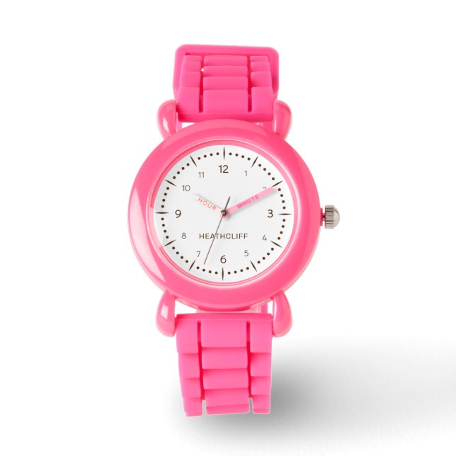 Kids Baby Name Brown | Pink Leather Strap Girls Watch (Front)