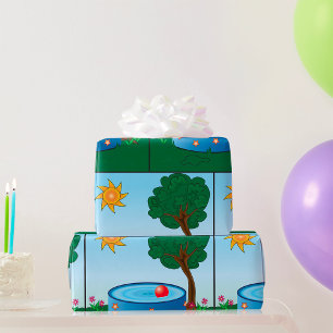 Kids Backyard Pool Scene with Sun Tree Wrapping Paper