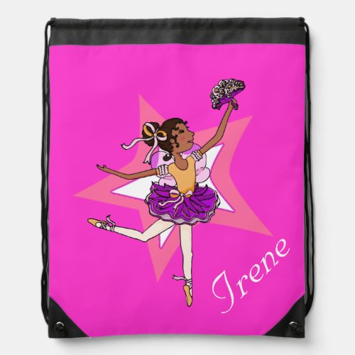 Kids ballet ballerina pink name drawstring bag