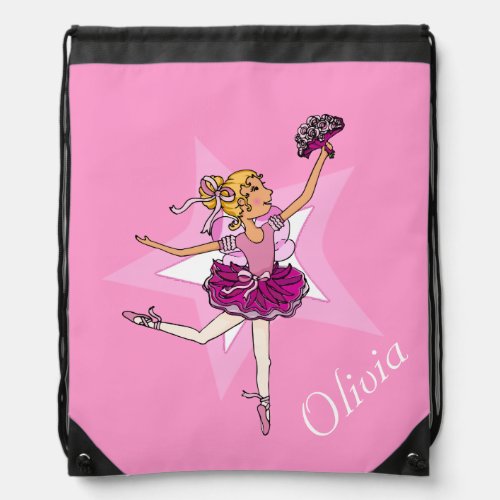 Kids ballet ballerina pink name drawstring bag