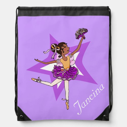 Kids ballet ballerina purple name drawstring bag