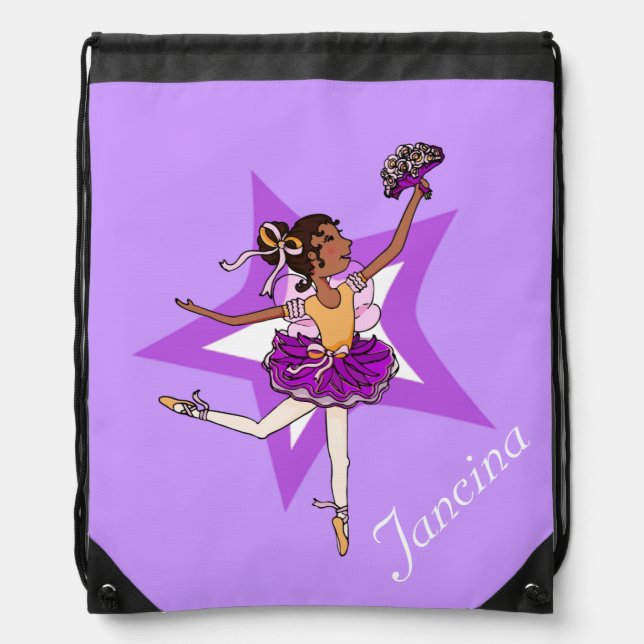 Kids ballet ballerina purple name drawstring bag (Front)
