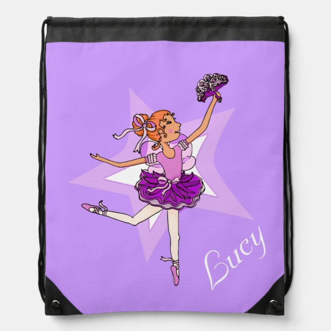 Kids ballet ballerina purple name drawstring bag (Front)