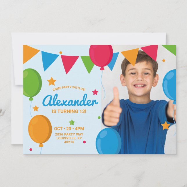Kids Balloon Stars Photo Birthday Party Invitation (Front)