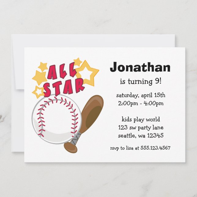 Kids Baseball All Star Birthday Party Invitations (Front)
