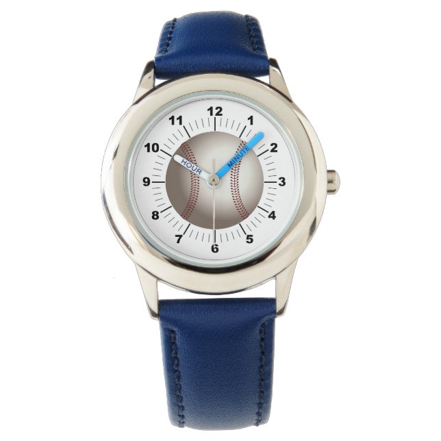 Kid's Baseball Blue Leather Strap Watch (Front)