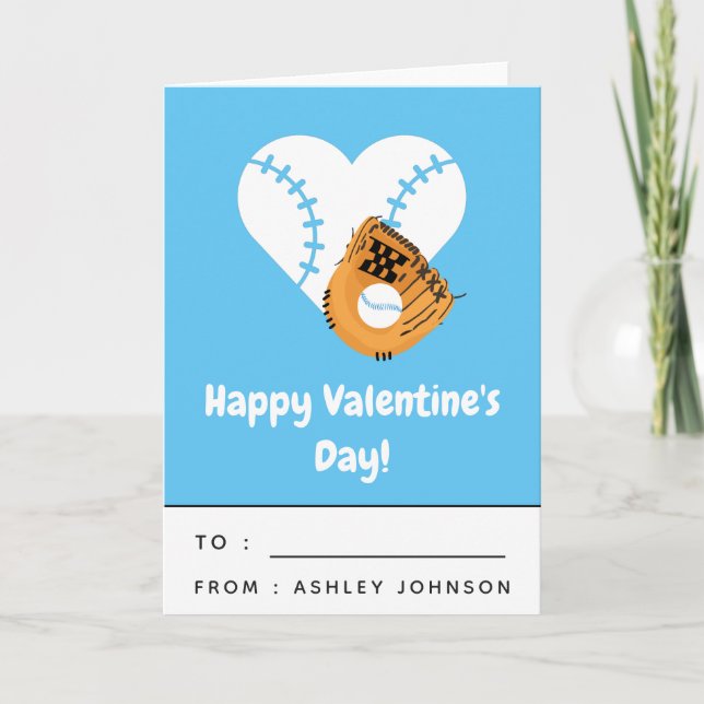 Kids Baseball Heart Classroom Valentine's Day Blue Card (Front)