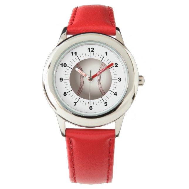 Kid's Baseball Red Leather Strap Watch (Front)
