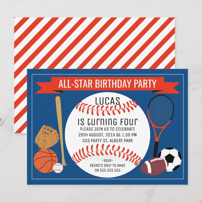 Kids Baseball Sports Birthday Party Invitation (Front/Back)