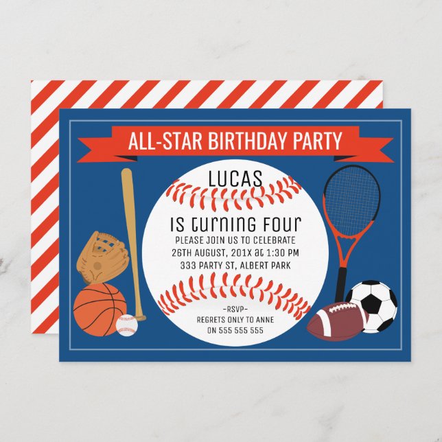 Kids Baseball Sports Birthday Party Invitation (Front/Back)