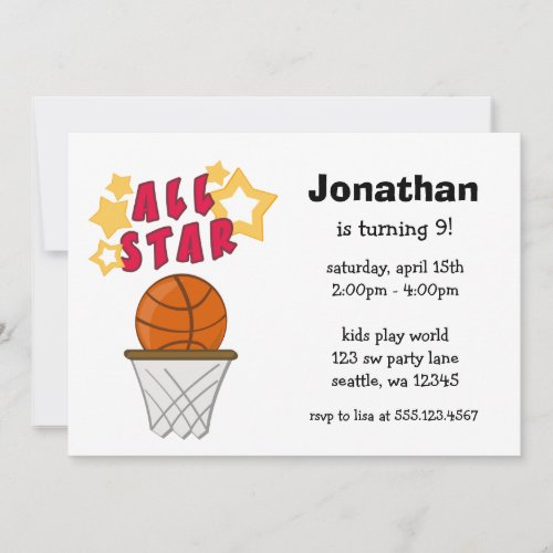 Kids Basketball All Star Birthday Party Invitation