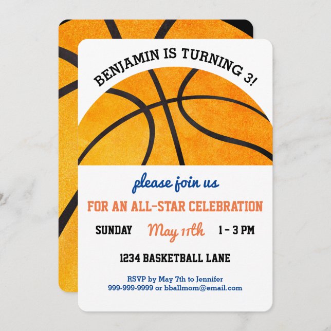 Kids Basketball Birthday Party Sports Themed Cute Invitation (Front/Back)