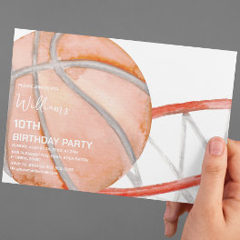 Kids Basketball Watercolor Birthday Party Invitation